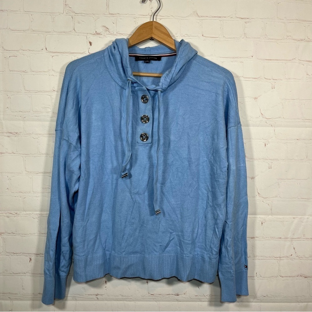 Tommy Hilfiger Hooded Cropped Sweater Womens Size Large Blue Buttons